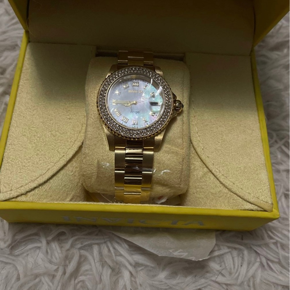 Invicta Gold Tone Women's Watch with Mother-of-Pearl Dial and Crystal Bezel